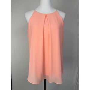 BCX Scalloped Sleeveless Blouse Womens XL Peach Coral Pleated High Neck Top